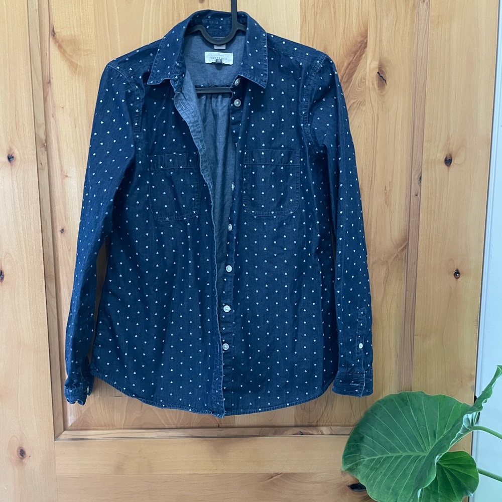 Softened navy chambray in heart dot print - XS